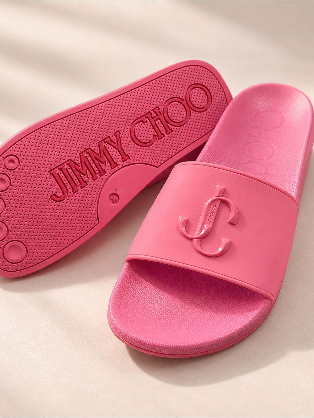 Jimmy Choo Port/F Slides Sandals in Vibrant Neon Pink - Womens